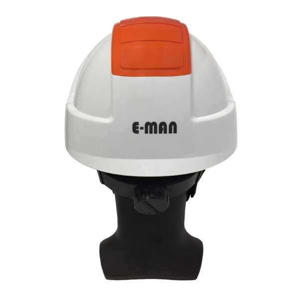 A white and orange ENHA electrician's helmet is shown on the back of an artificial head. The helmet model is E-MAN 4000.
