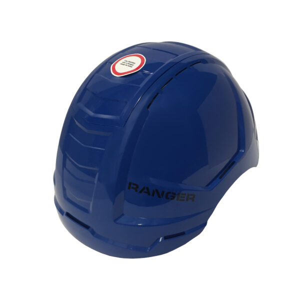 A blue-blue safety helmet designed for construction and industry, featuring ventilation, a ratchet to adjust head sizing, and a crashbox on top.