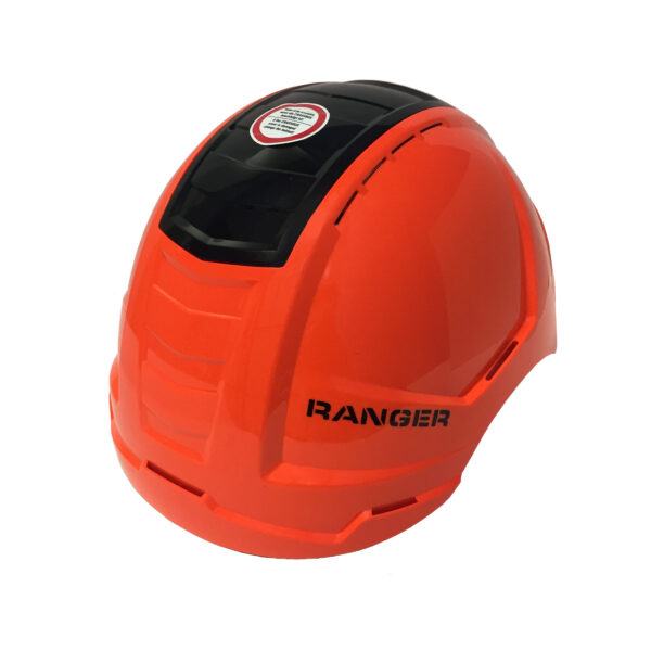 An orange-black safety helmet designed for construction and industry, featuring ventilation, a ratchet to adjust head sizing, and a crashbox on top.