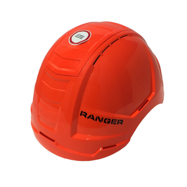 An orange-orange safety helmet designed for construction and industry, featuring ventilation, a ratchet to adjust head sizing, and a crashbox on top.