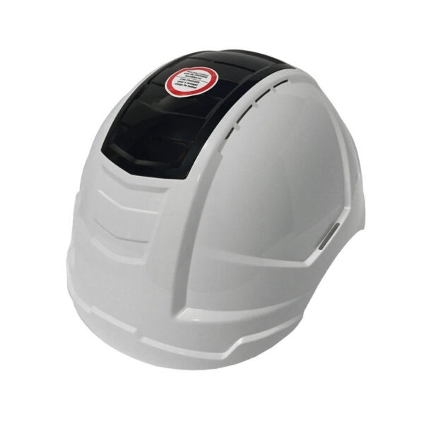 A white-black safety helmet designed for construction and industry, featuring ventilation, a ratchet to adjust head sizing, and a crashbox on top.