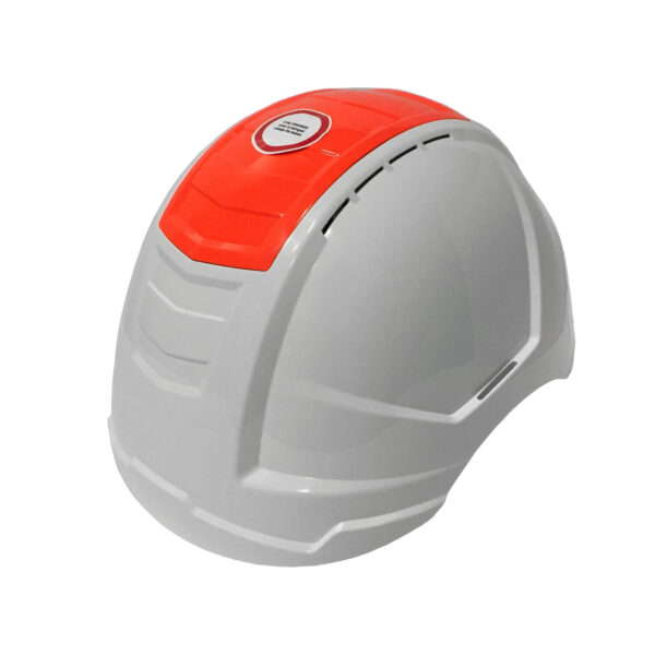 A white-orange safety helmet designed for construction and industry, featuring ventilation, a ratchet to adjust head sizing, and a crashbox on top.