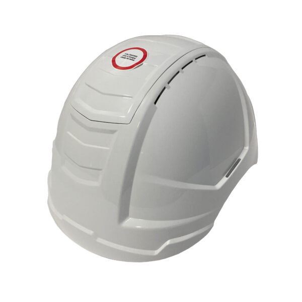 A white-white safety helmet designed for construction and industry, featuring ventilation, a ratchet to adjust head sizing, and a crashbox on top.