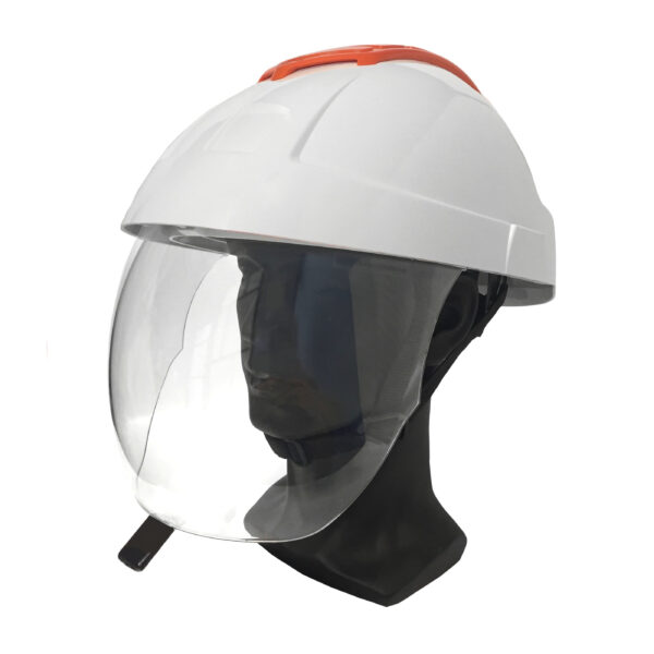 A white safety helmet with an orange crashbox on top taht is shown on an artificial head. The helmet is designed for electricians and features a full-face visor with no ventilation holes.