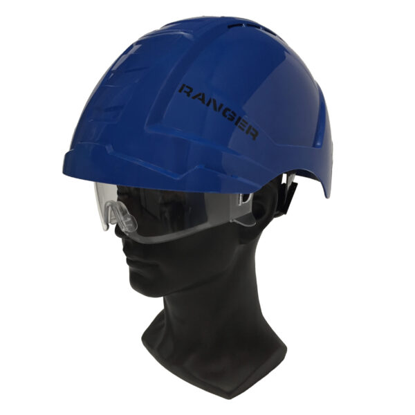 A ventilated blue-blue safety helmet combination for construction and industry, featuring a ratchet adjustment system, retractable safety glasses, and a crashbox on top.