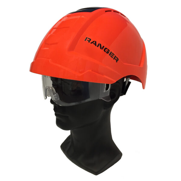 A ventilated orange-black safety helmet combination for construction and industry, featuring a ratchet adjustment system, retractable safety glasses, and a crashbox on top.