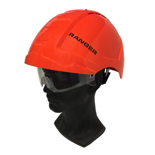 A ventilated orange-orange safety helmet combination for construction and industry, featuring a ratchet adjustment system, retractable safety glasses, and a crashbox on top.