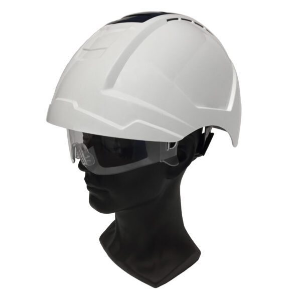 A ventilated white-black safety helmet combination for construction and industry, featuring a ratchet adjustment system, retractable safety glasses, and a crashbox on top.