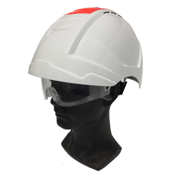 A ventilated white-orange safety helmet combination for construction and industry, featuring a ratchet adjustment system, retractable safety glasses, and a crashbox on top.