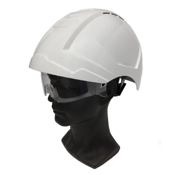 A ventilated white-white safety helmet combination for construction and industry, featuring a ratchet adjustment system, retractable safety glasses, and a crashbox on top.