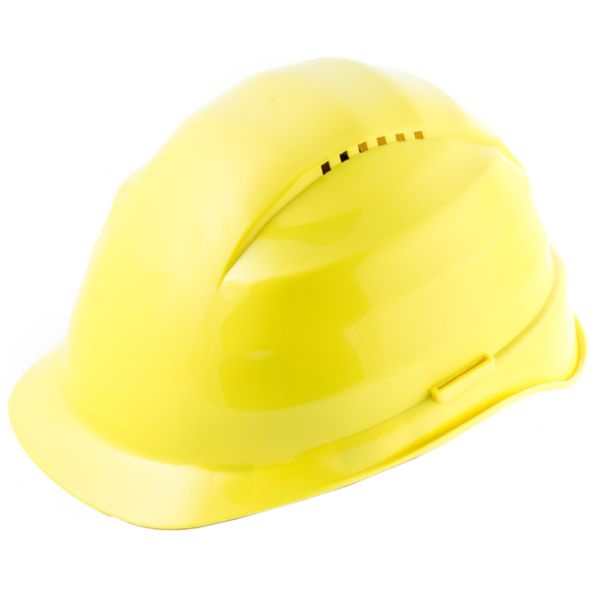 A yellow safety helmet made entirely of HDPE, with ventilation, a ratchet adjustment system, and slots for mounting additional accessories.