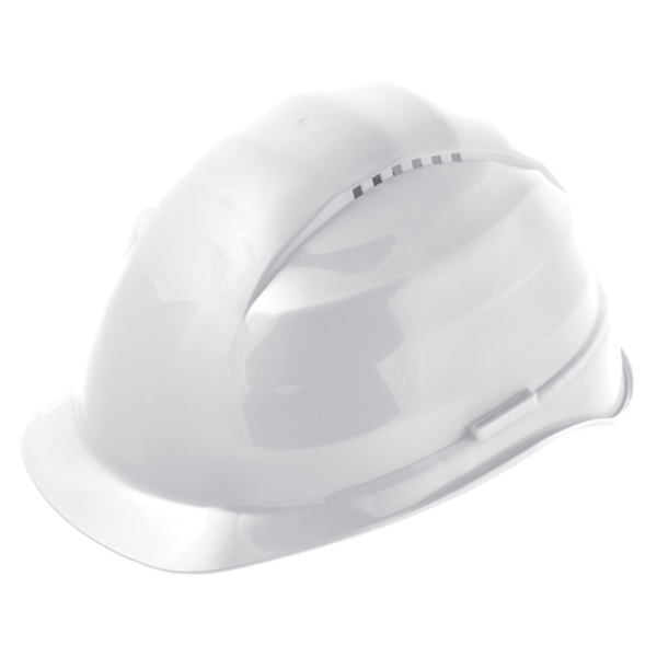 A white safety helmet made entirely of HDPE, with ventilation, a ratchet adjustment system, and slots for mounting additional accessories.