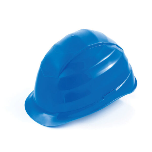 A blue HDPE safety helmet designed for electricians, featuring no ventilation holes, a textile 4-point helmet suspension, and 30 mm slots for additional accessories.