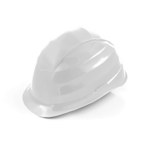 A white HDPE safety helmet designed for electricians, featuring no ventilation holes, a textile 4-point helmet suspension, and 30 mm slots for additional accessories.