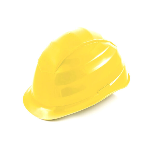 A yellow HDPE safety helmet designed for electricians, featuring no ventilation holes, a textile 4-point helmet suspension, and 30 mm slots for additional accessories.