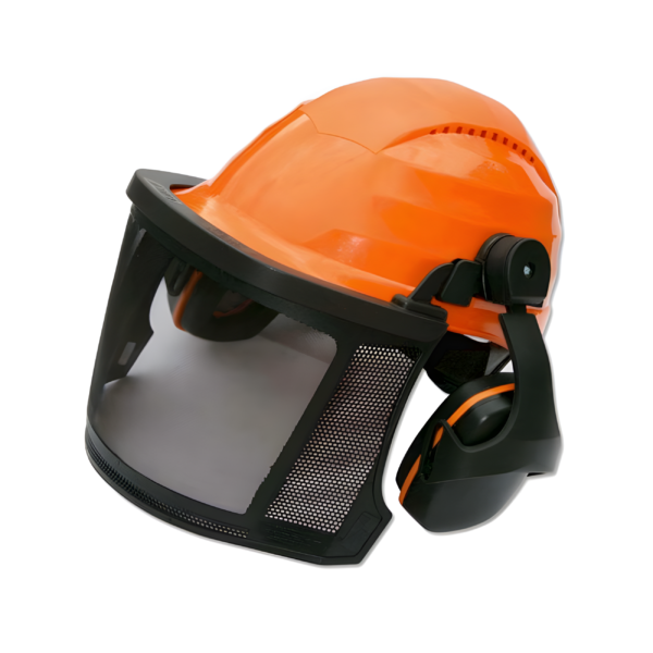 An orange forestry safety helmet made of HDPE, featuring a combination of a mesh visor and hearing protection.