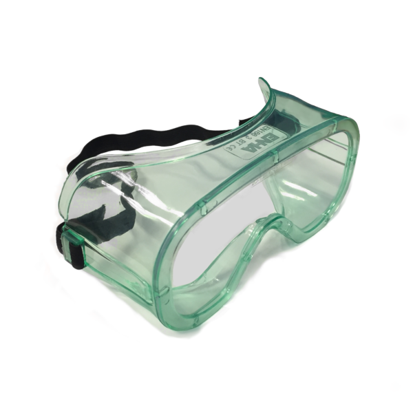 Green full vision safety goggles with anti-fog coating and adjustable headband for size adjustment, designed without ventilation.