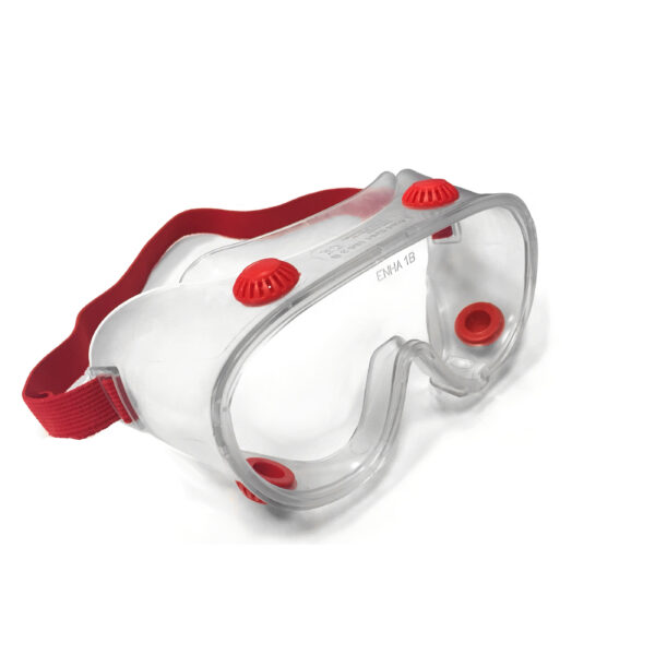 Red full vision safety goggles with 4 ventilation valves for indirect ventilation, featuring anti-fog coating and an adjustable headband for size adjustment.