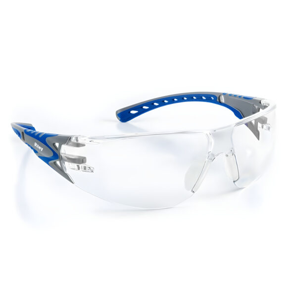 Riley stream evo safety glasses with a blue frame, transparent clear lenses, lightweight at 23g, flexible and ventilated frame, water repellent, UV400 protection, soft and adjustable nose bridge with anti-slip protection, and polycarbonate lenses with a TPE frame.