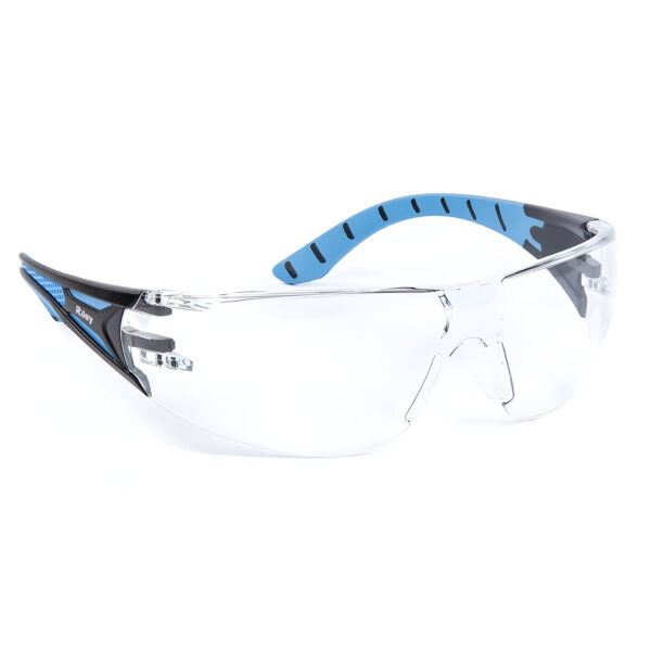 Riley Stream safety glasses with a blue frame, transparent clear lenses, weighing 23g, flexible frame made of TPE, water repellent, UV400 protection, soft and adjustable nose bridge with anti-slip protection, and polycarbonate lenses.